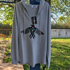 Rowdy Crowd Lightweight Gray Hoodie with Sequin Tribal Bird Design